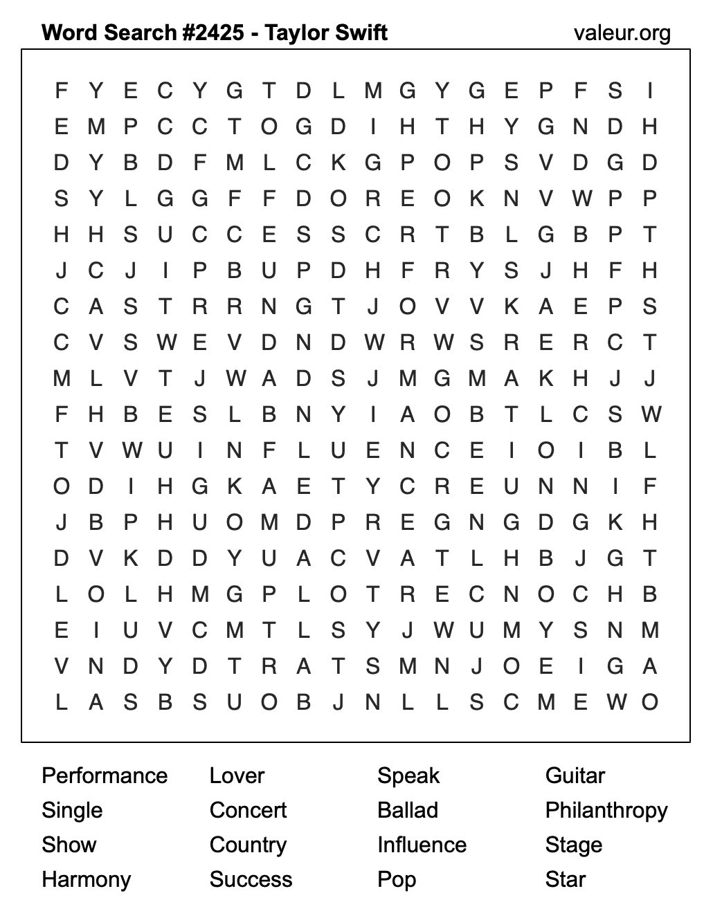 Taylor Swift Word Search Puzzle #2425