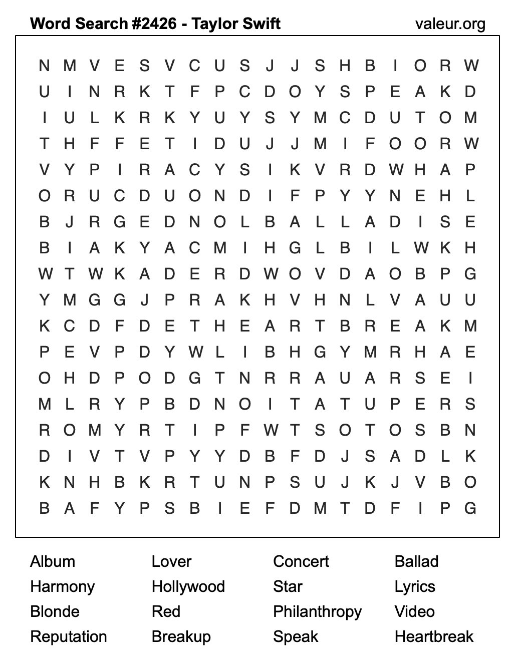 Taylor Swift Word Search Puzzle #2426