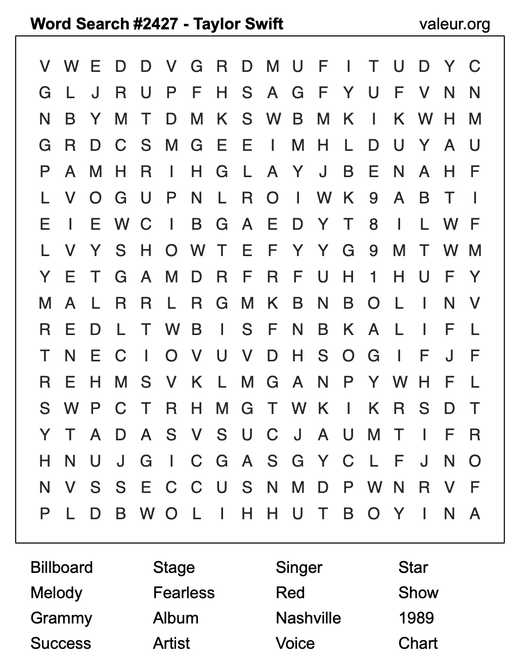 Taylor Swift Word Search Puzzle #2427