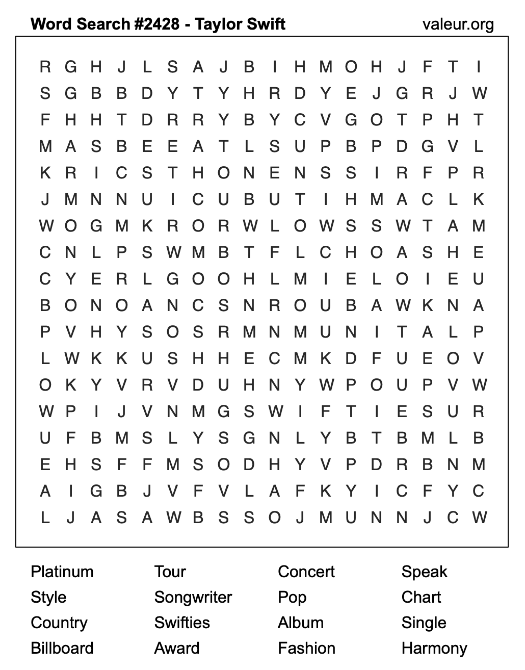 Taylor Swift Word Search Puzzle #2428