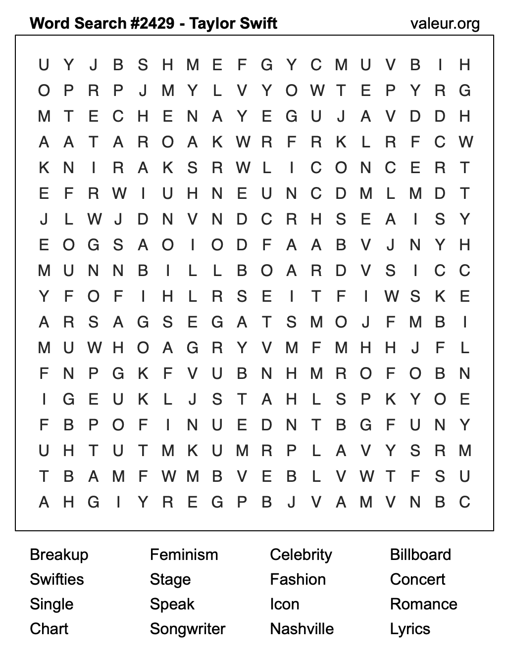 Taylor Swift Word Search Puzzle #2429