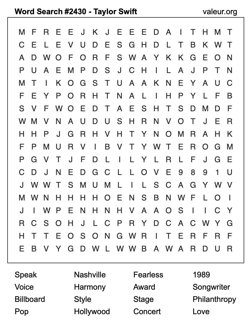 Taylor Swift Word Search Puzzle #2430