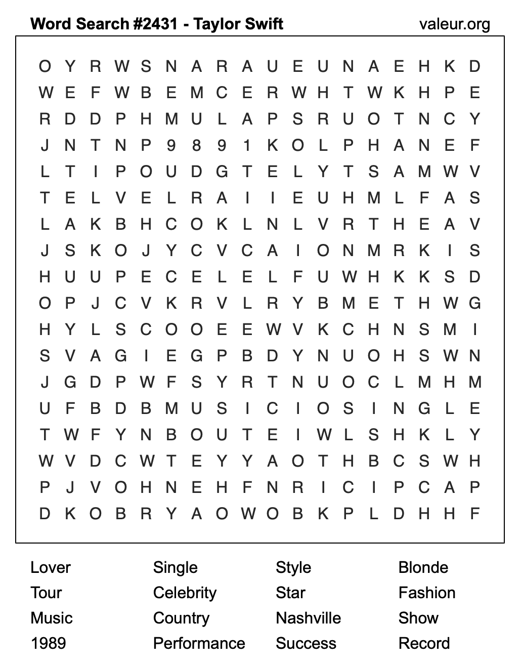 Taylor Swift Word Search Puzzle #2431