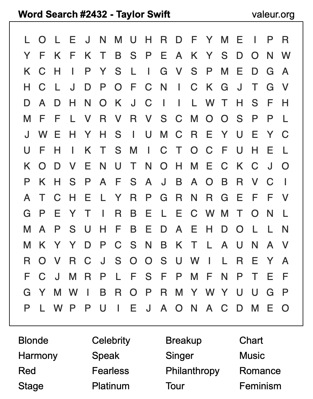 Taylor Swift Word Search Puzzle #2432