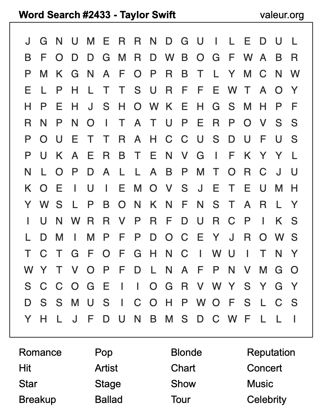 Taylor Swift Word Search Puzzle #2433