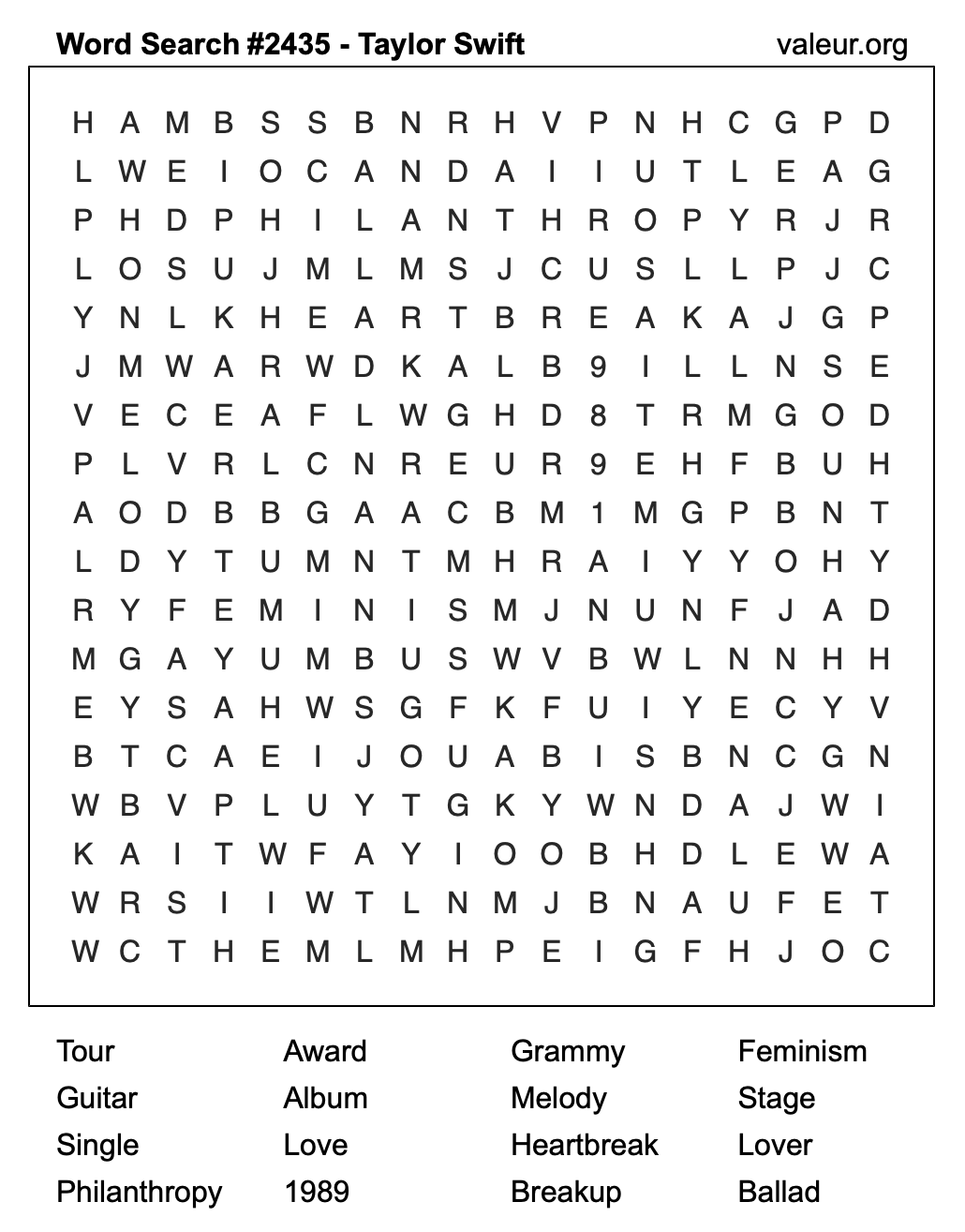 Taylor Swift Word Search Puzzle #2435