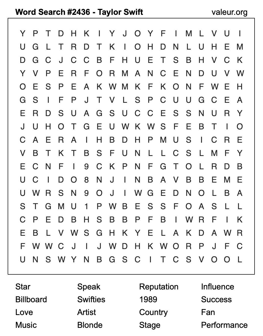 Taylor Swift Word Search Puzzle #2436