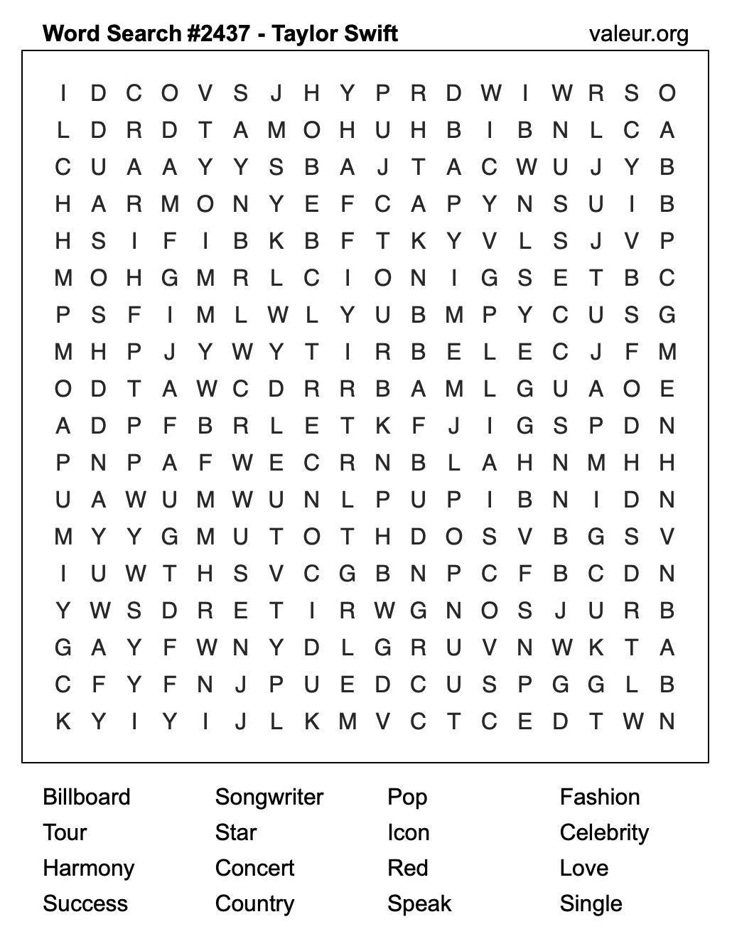 Taylor Swift Word Search Puzzle #2437