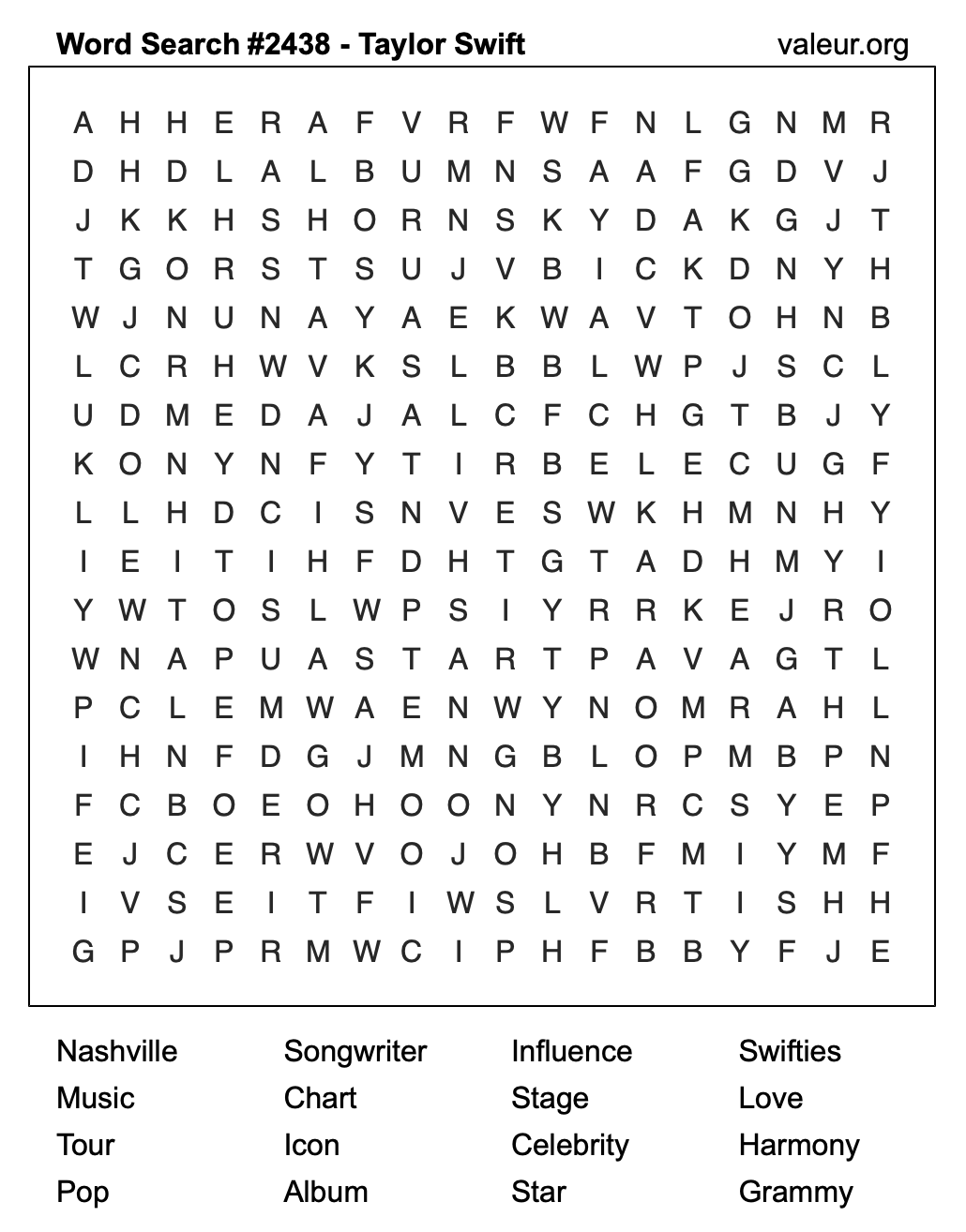 Taylor Swift Word Search Puzzle #2438