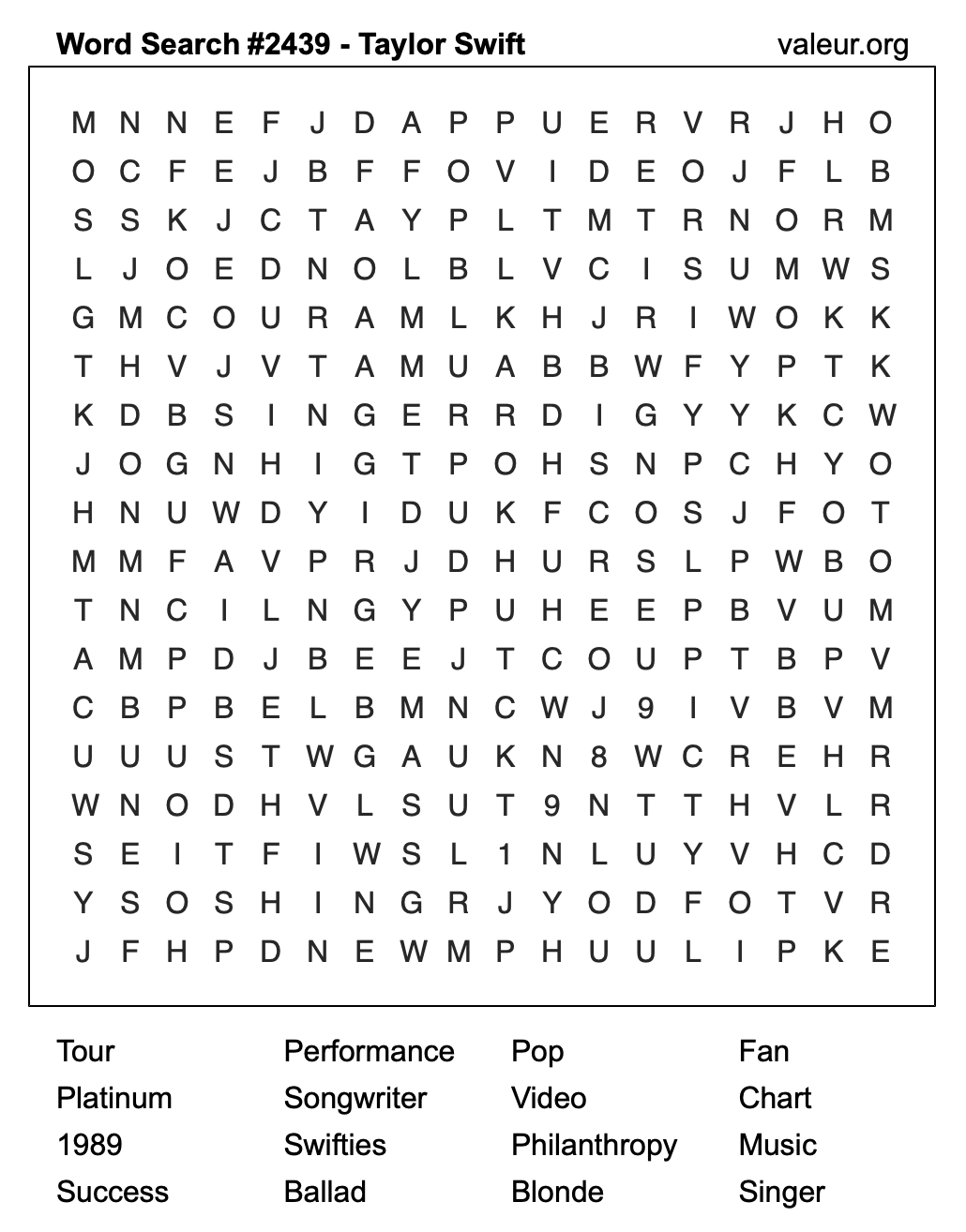 Taylor Swift Word Search Puzzle #2439