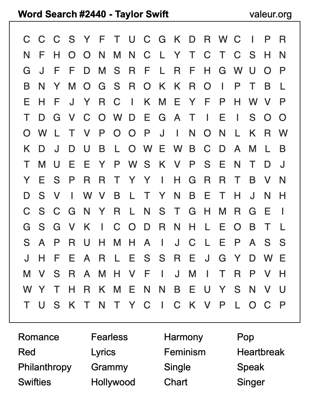 Taylor Swift Word Search Puzzle #2440