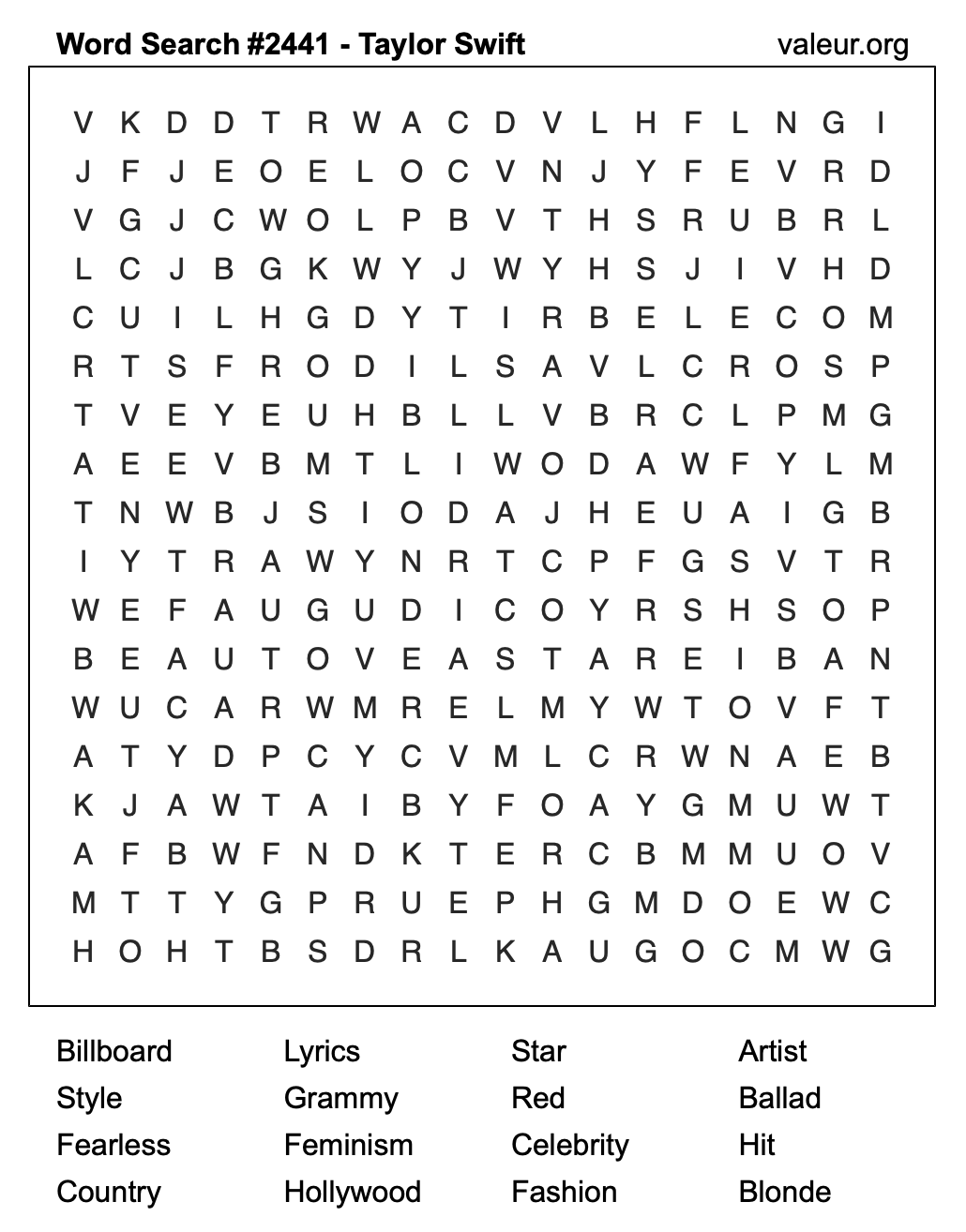 Taylor Swift Word Search Puzzle #2441