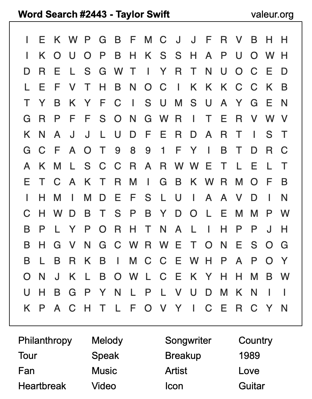 Taylor Swift Word Search Puzzle #2443