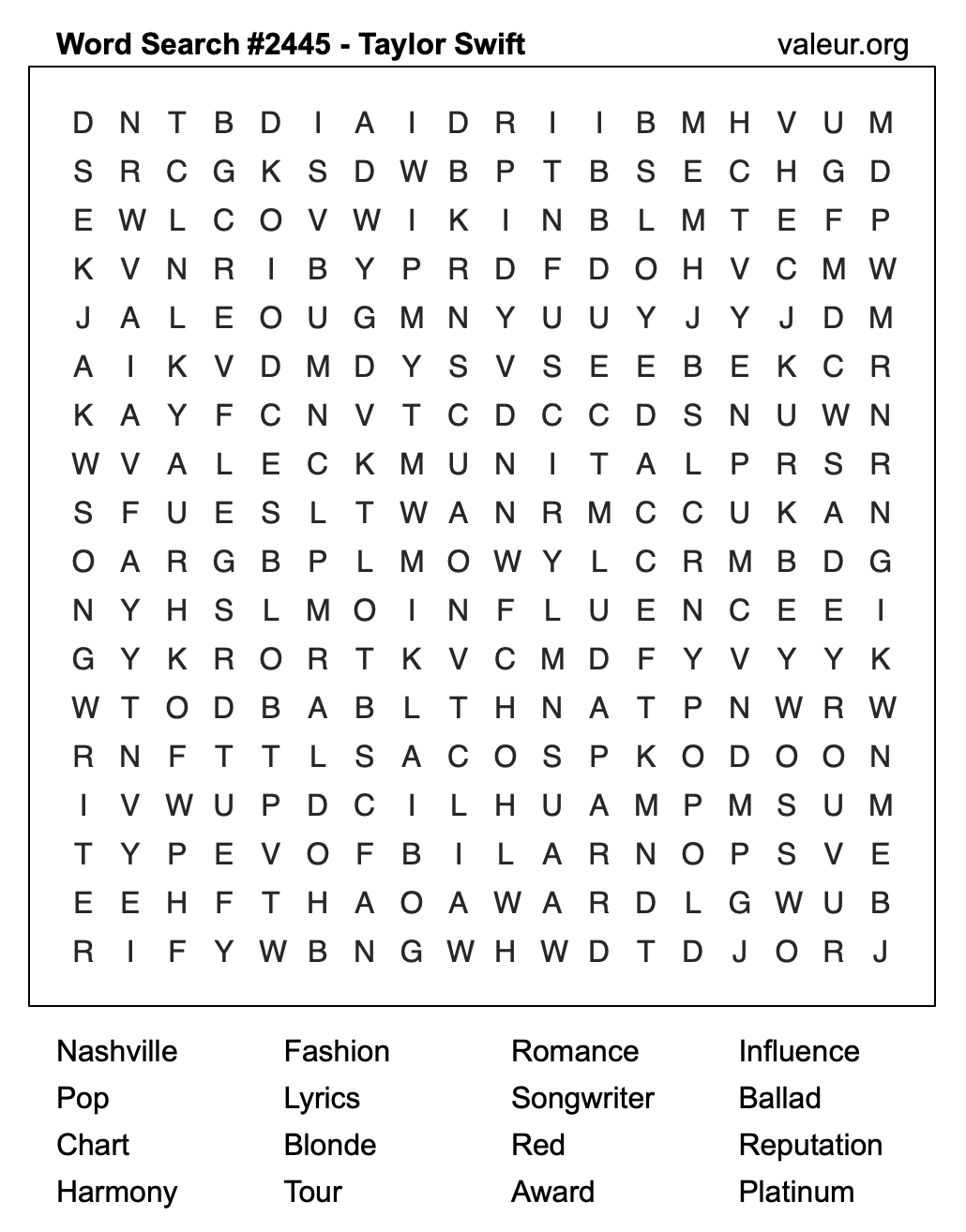 Taylor Swift Word Search Puzzle #2445