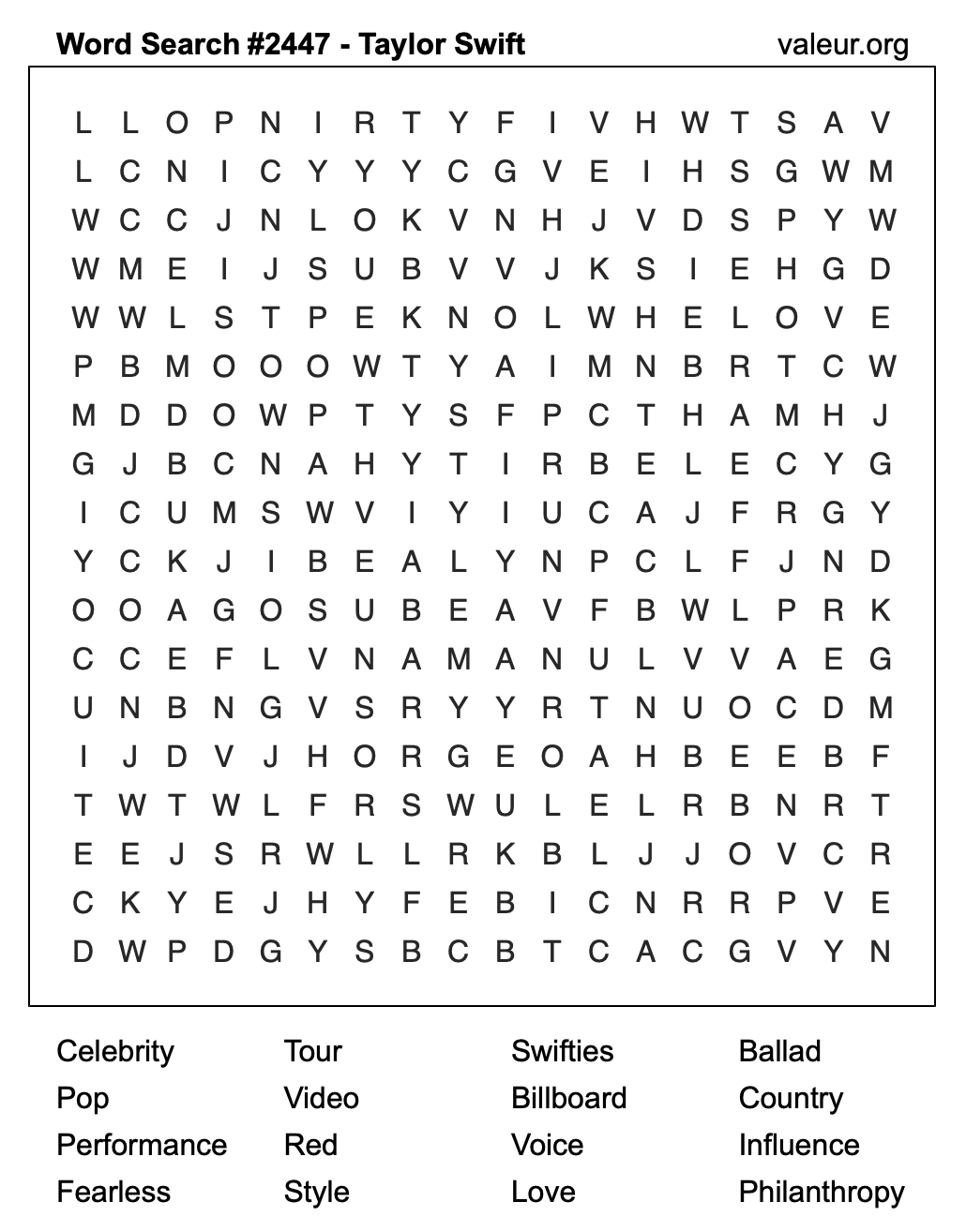 Taylor Swift Word Search Puzzle #2447