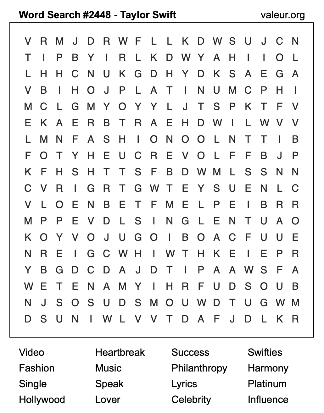 Taylor Swift Word Search Puzzle #2448