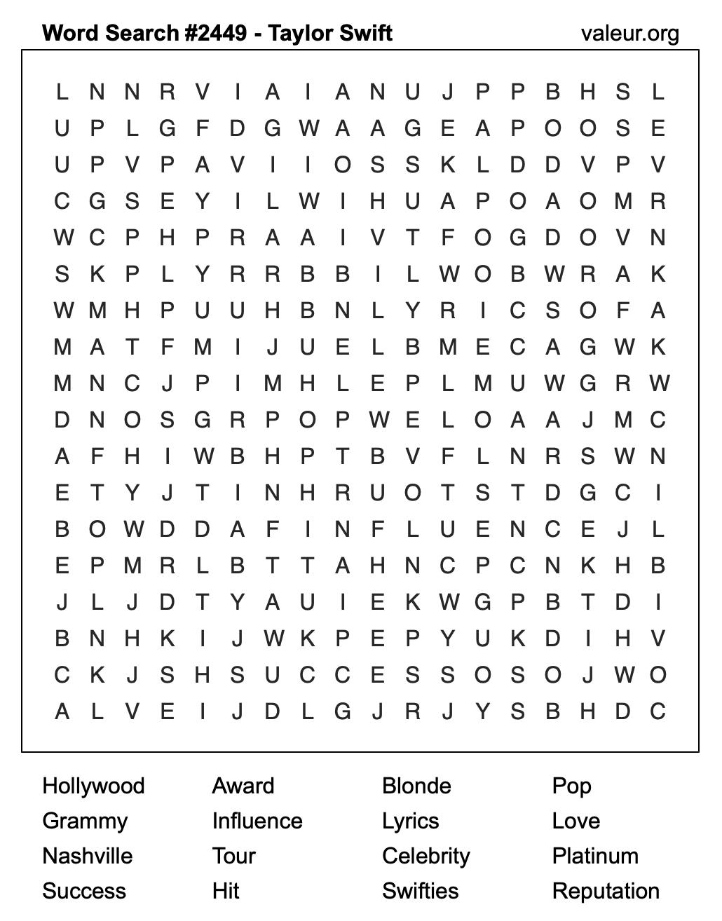 Taylor Swift Word Search Puzzle #2449