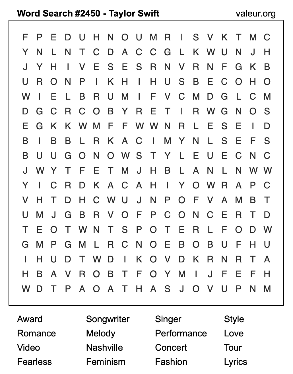 Taylor Swift Word Search Puzzle #2450