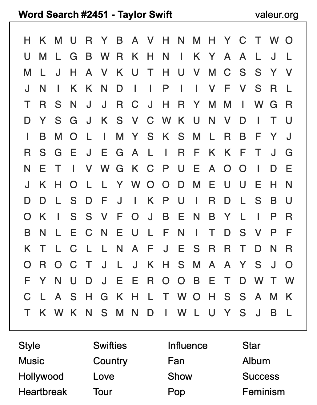 Taylor Swift Word Search Puzzle #2451