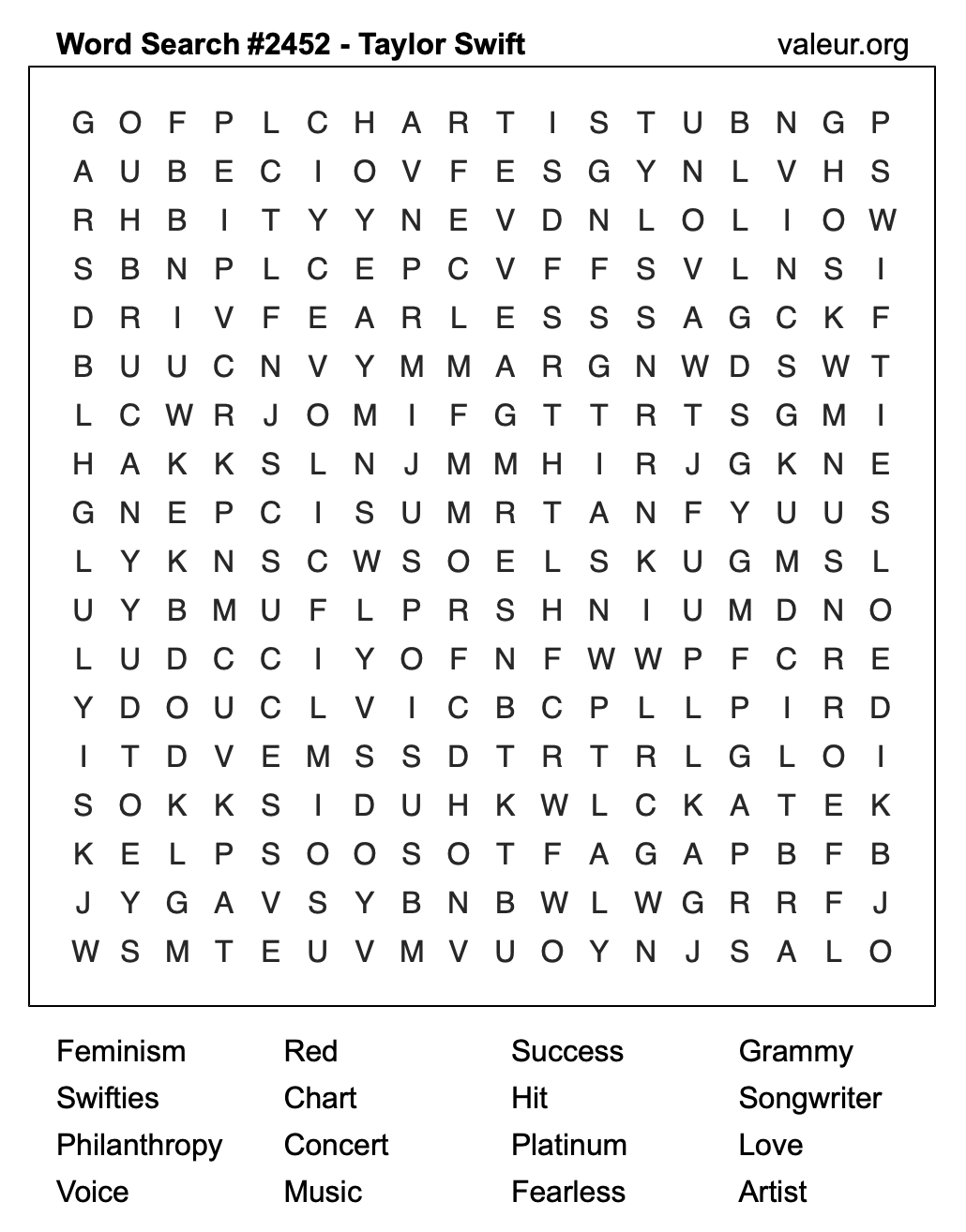 Taylor Swift Word Search Puzzle #2452