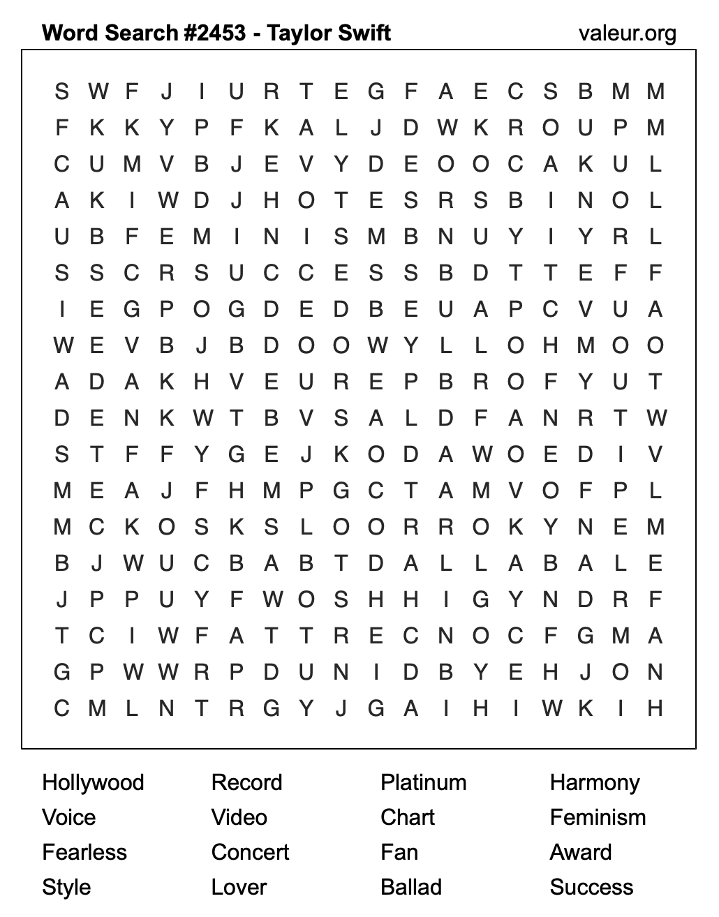 Taylor Swift Word Search Puzzle #2453