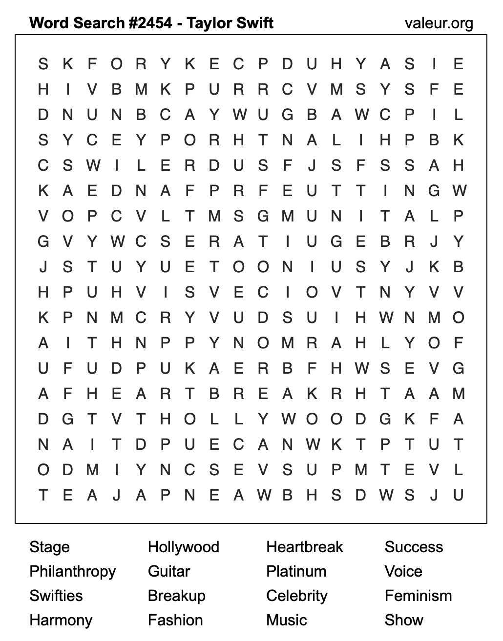 Taylor Swift Word Search Puzzle #2454