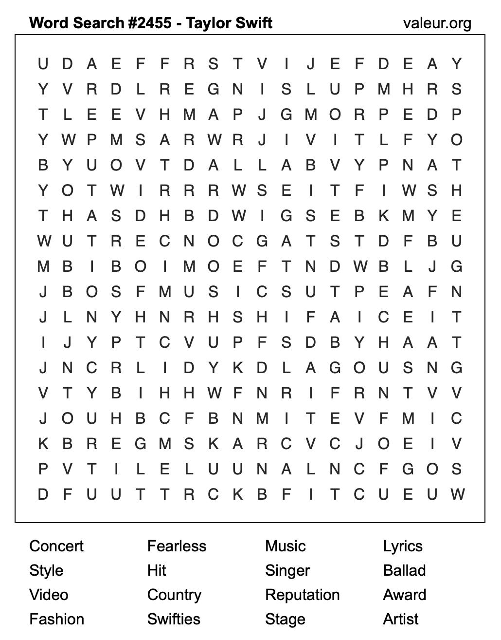 Taylor Swift Word Search Puzzle #2455