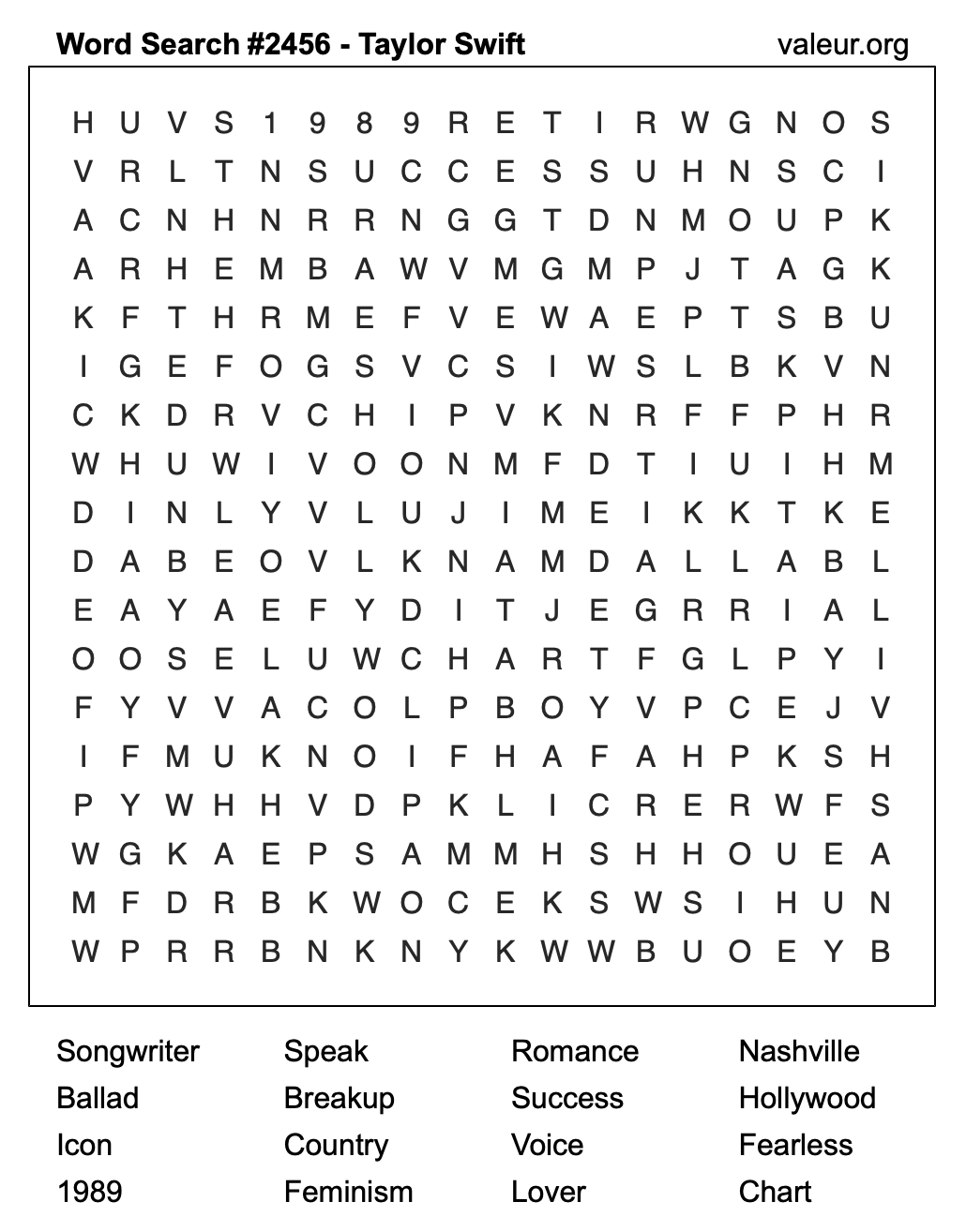 Taylor Swift Word Search Puzzle #2456