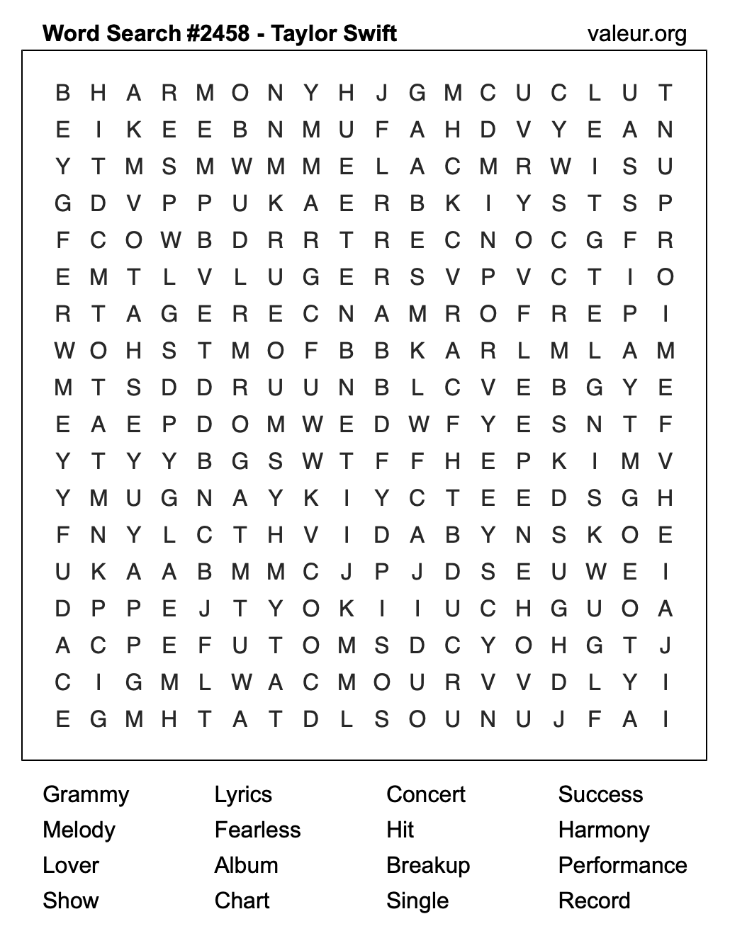 Taylor Swift Word Search Puzzle #2458