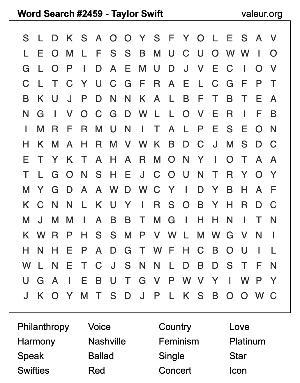 Taylor Swift Word Search Puzzle #2459