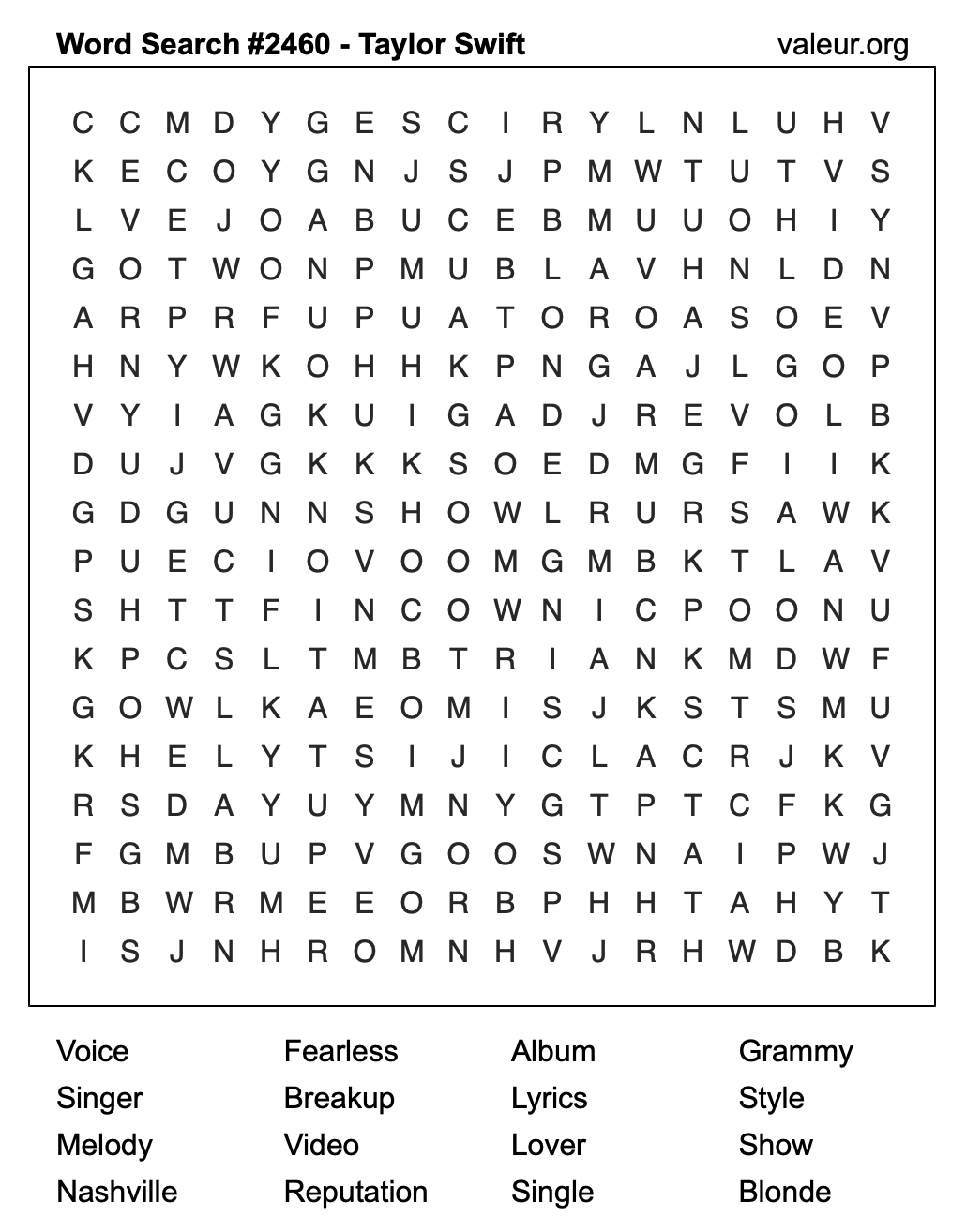 Taylor Swift Word Search Puzzle #2460