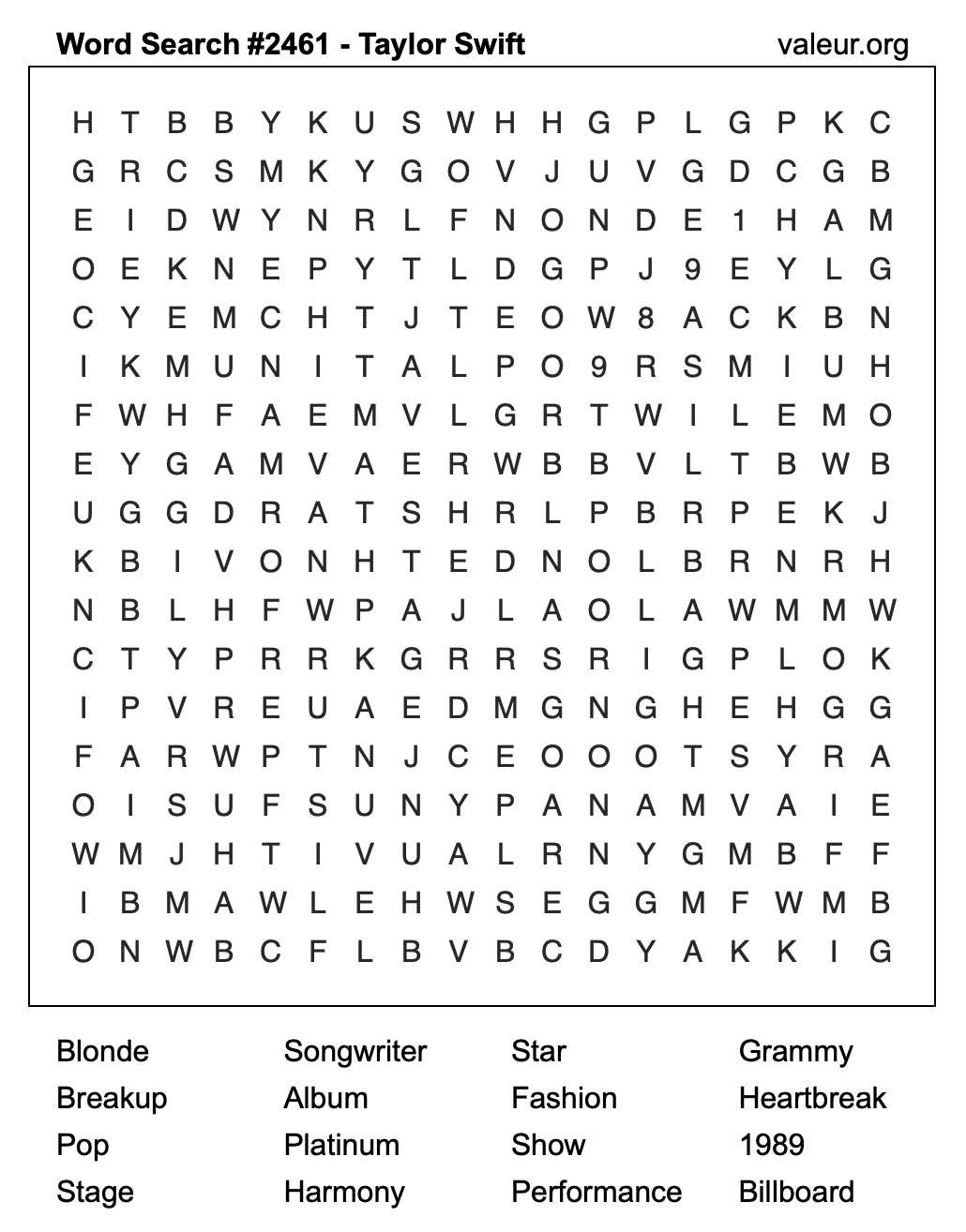 Taylor Swift Word Search Puzzle #2461