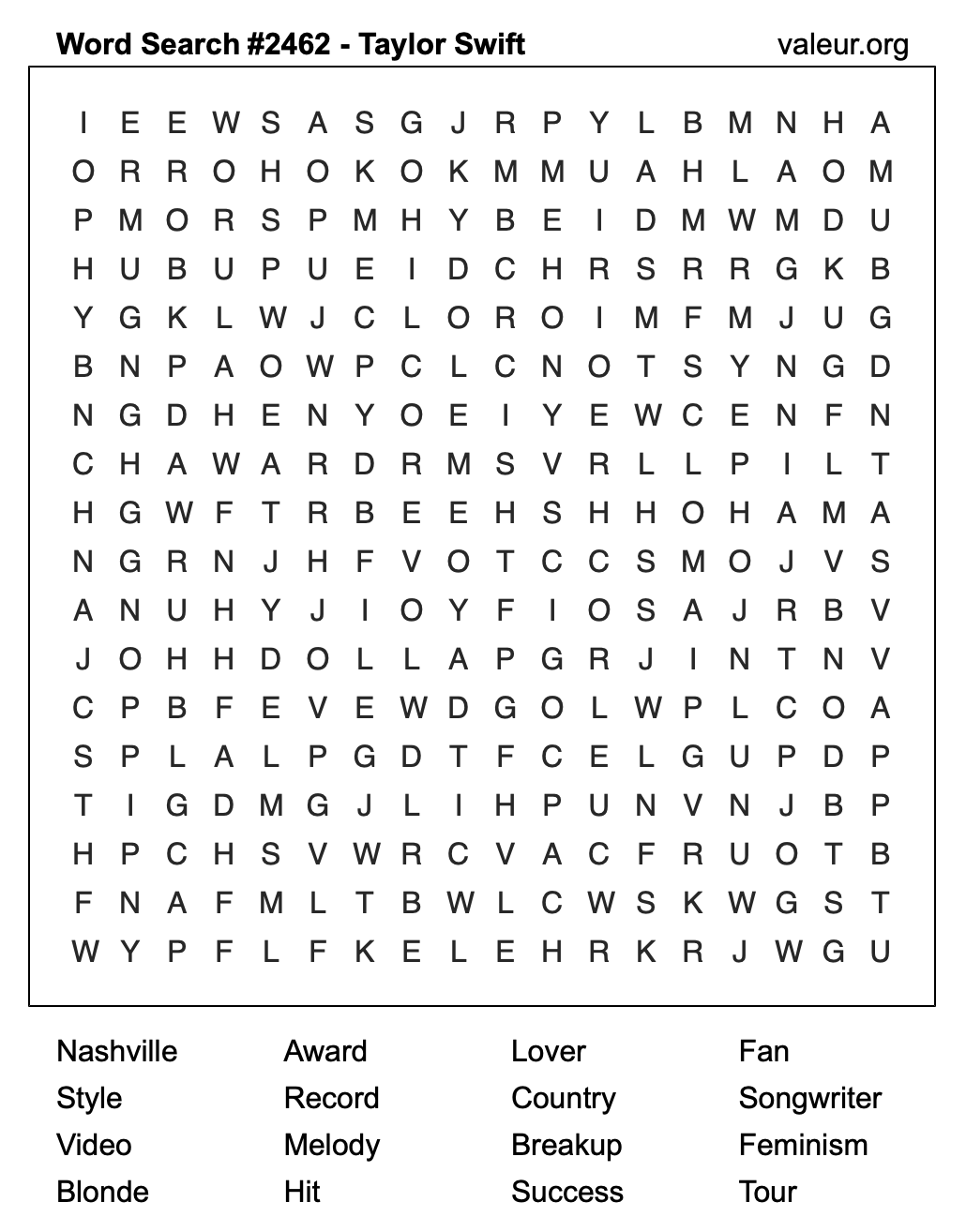 Taylor Swift Word Search Puzzle #2462