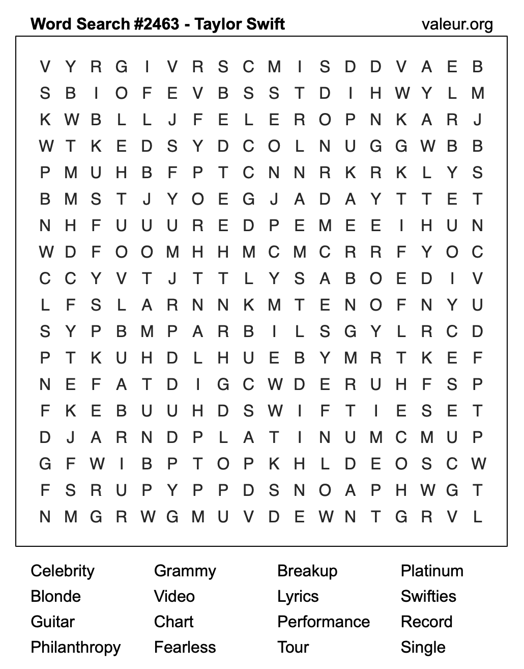 Taylor Swift Word Search Puzzle #2463