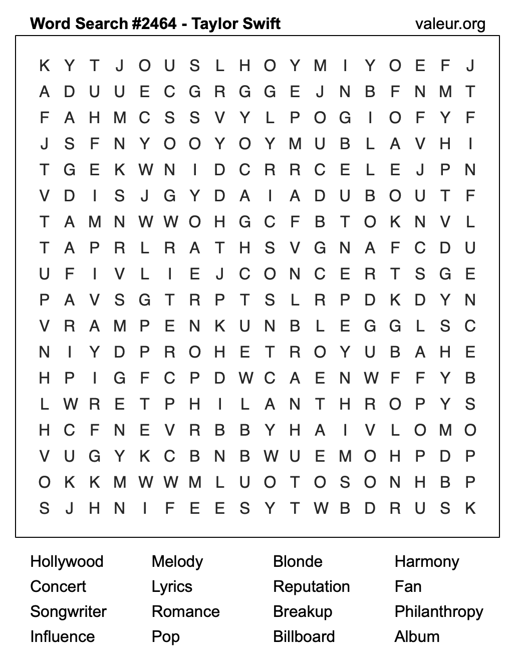 Taylor Swift Word Search Puzzle #2464