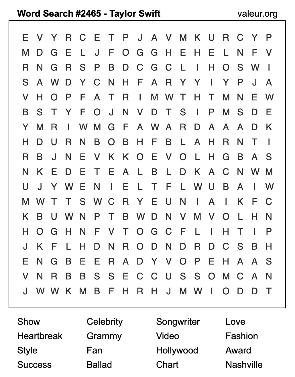 Taylor Swift Word Search Puzzle #2465