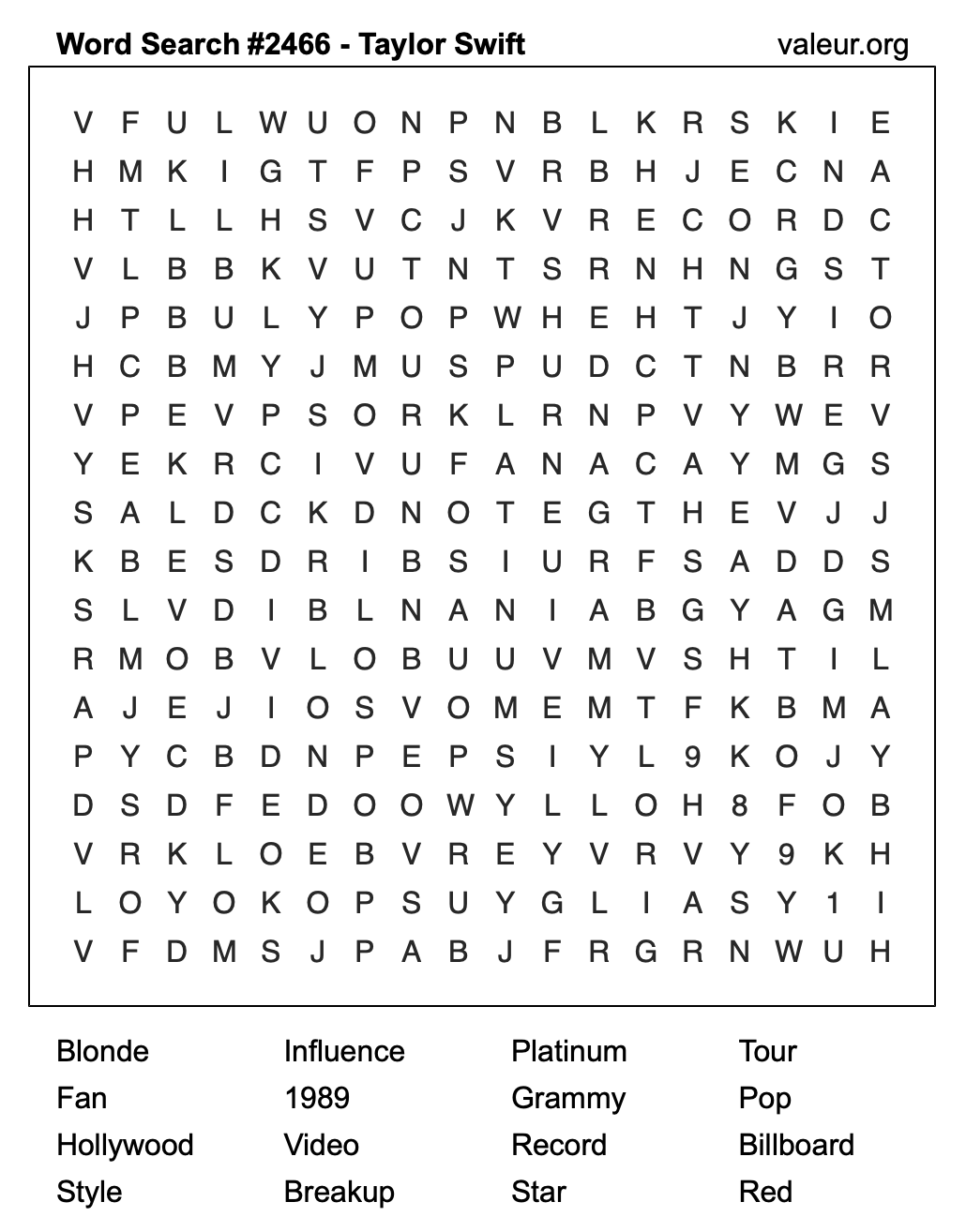 Taylor Swift Word Search Puzzle #2466