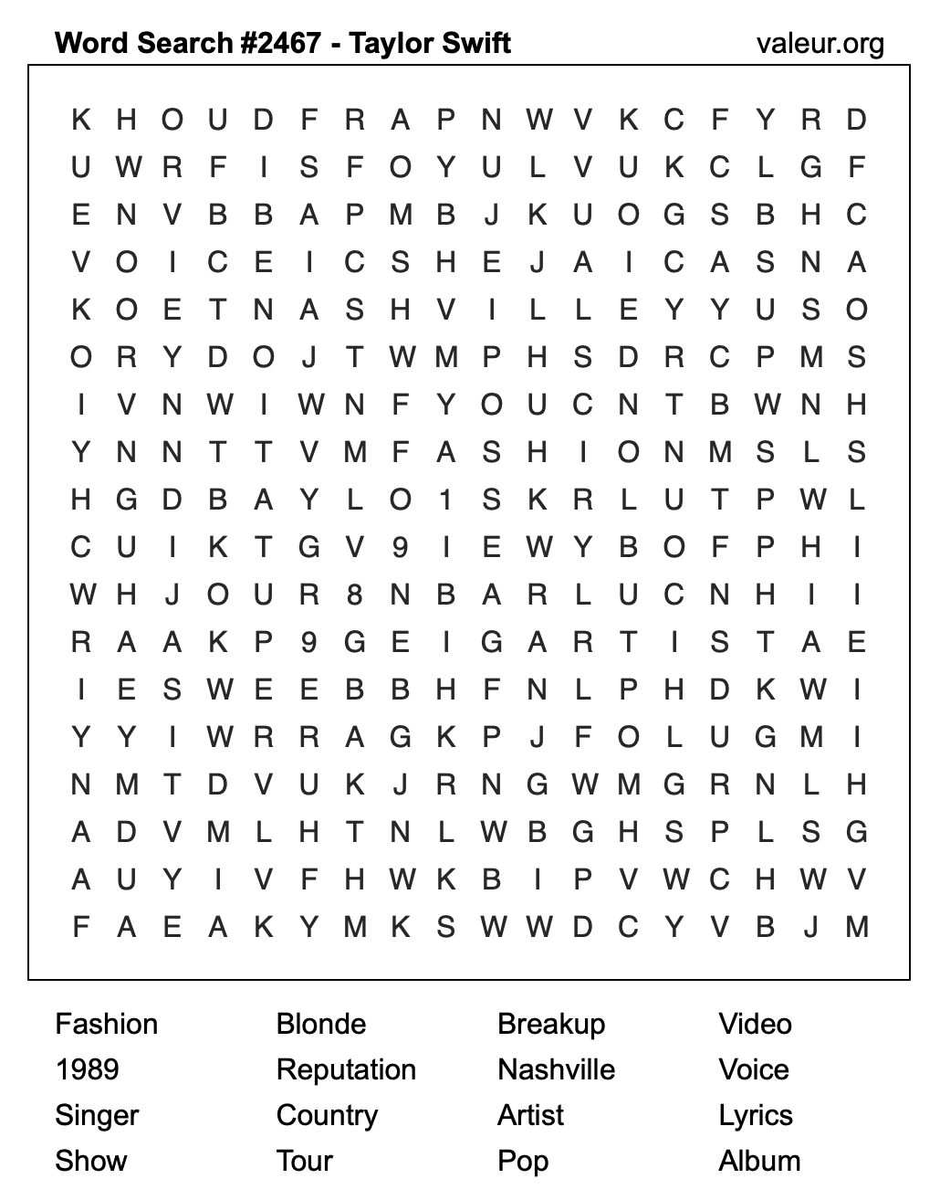 Taylor Swift Word Search Puzzle #2467