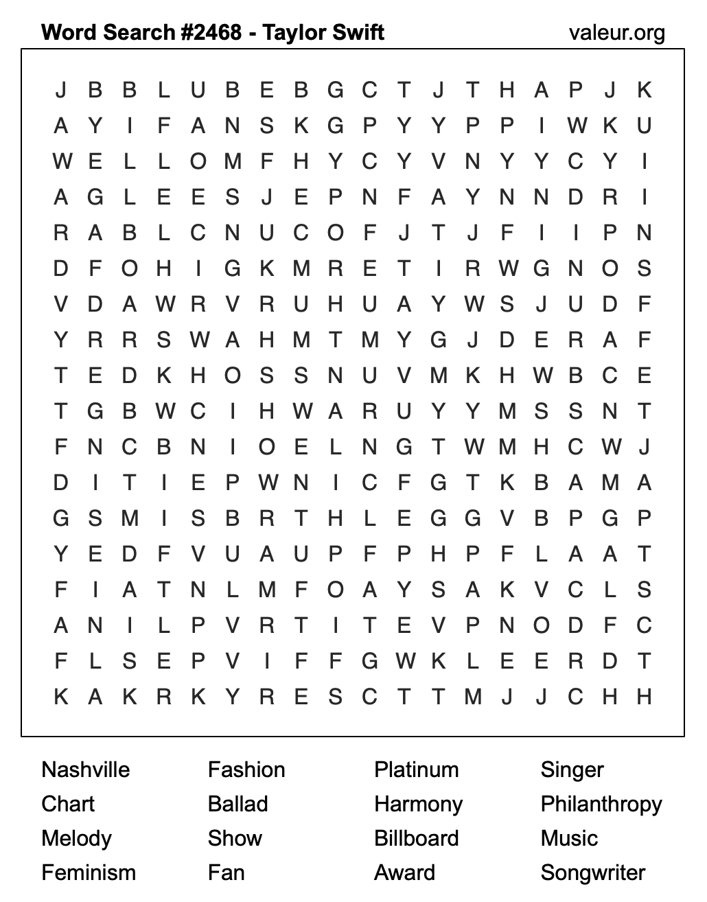 Taylor Swift Word Search Puzzle #2468