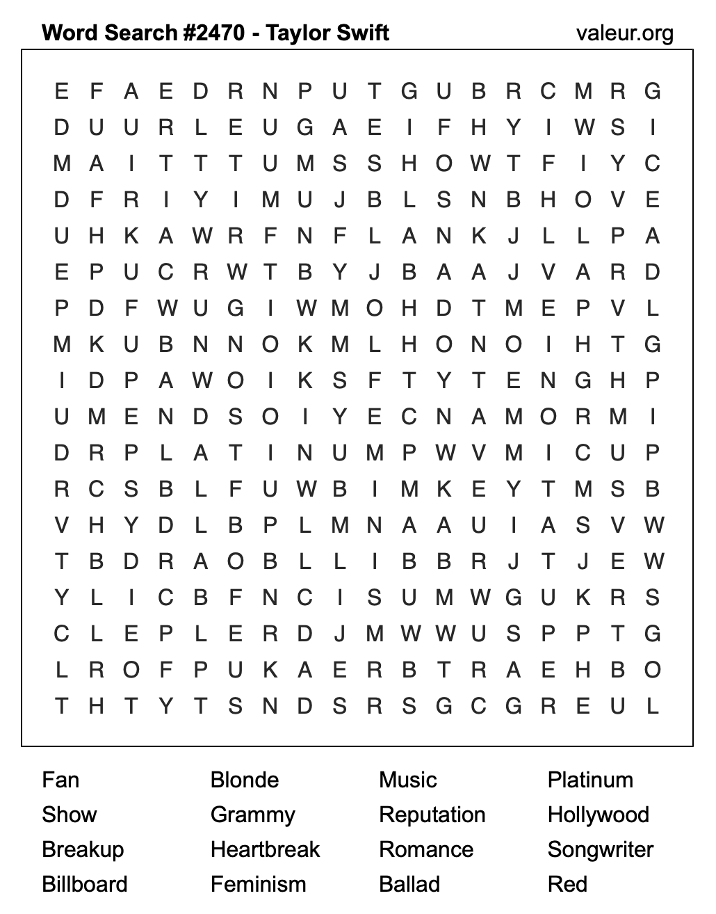 Taylor Swift Word Search Puzzle #2470