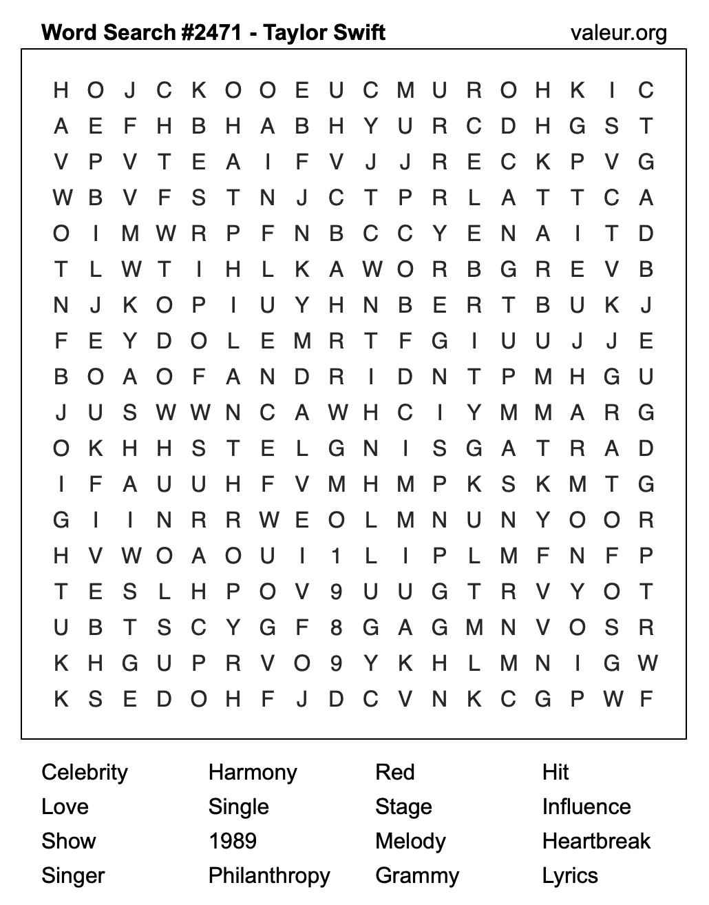 Taylor Swift Word Search Puzzle #2471