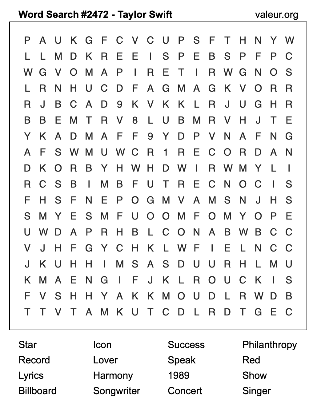 Taylor Swift Word Search Puzzle #2472