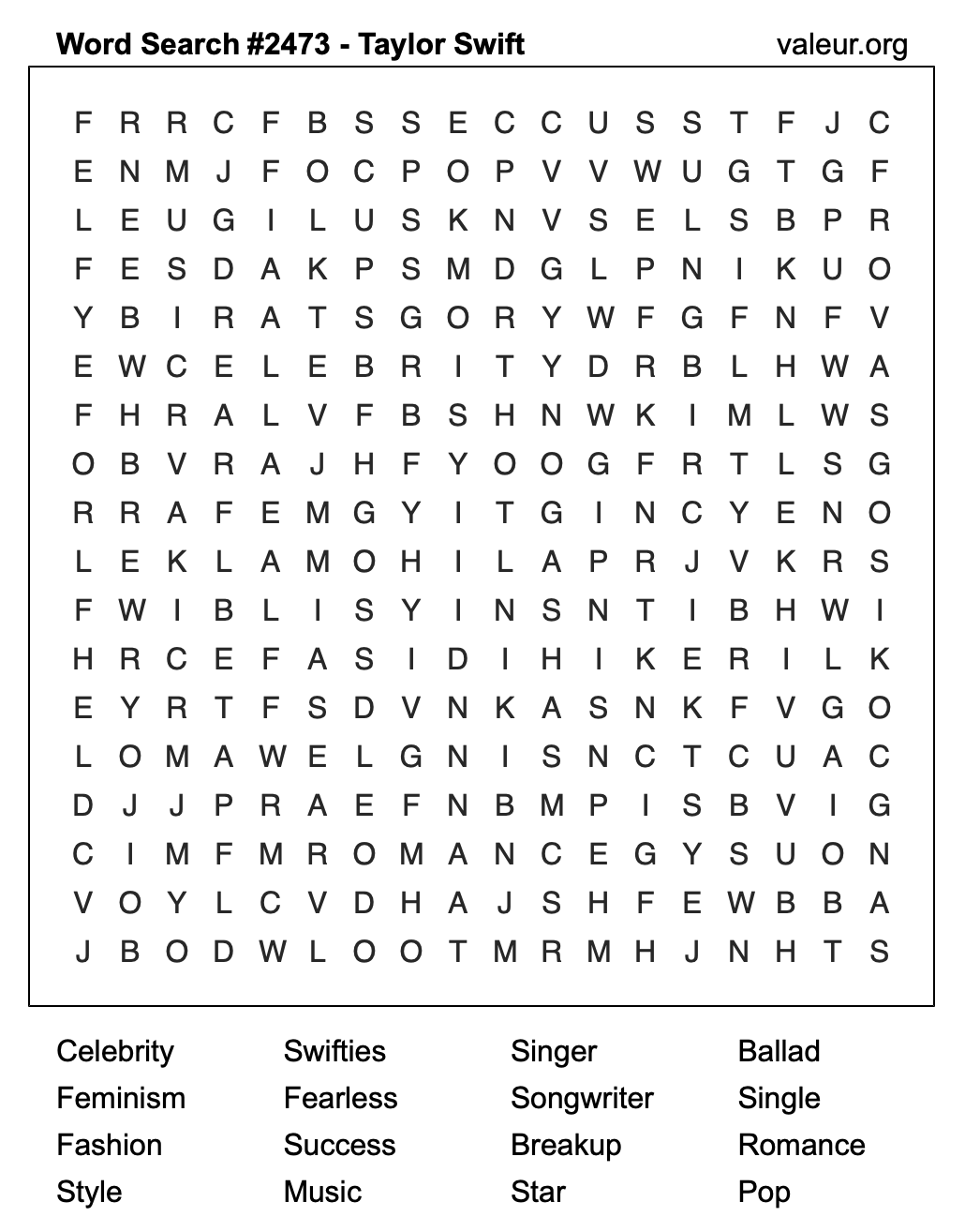 Taylor Swift Word Search Puzzle #2473