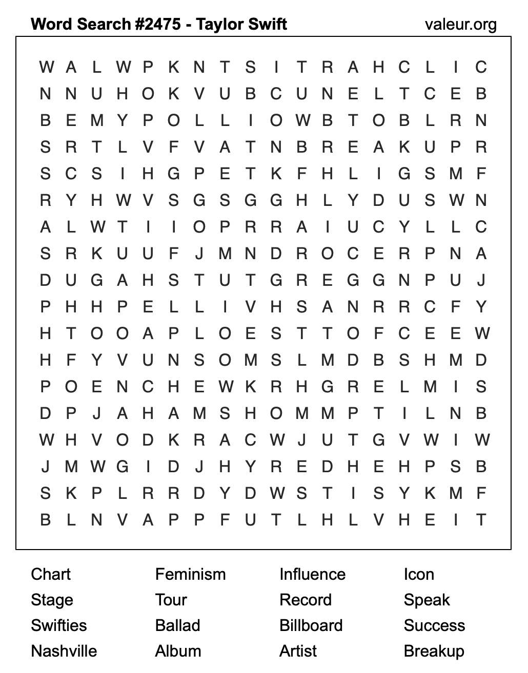 Taylor Swift Word Search Puzzle #2475