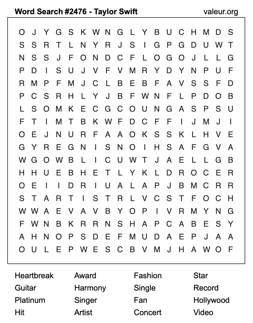 Taylor Swift Word Search Puzzle #2476