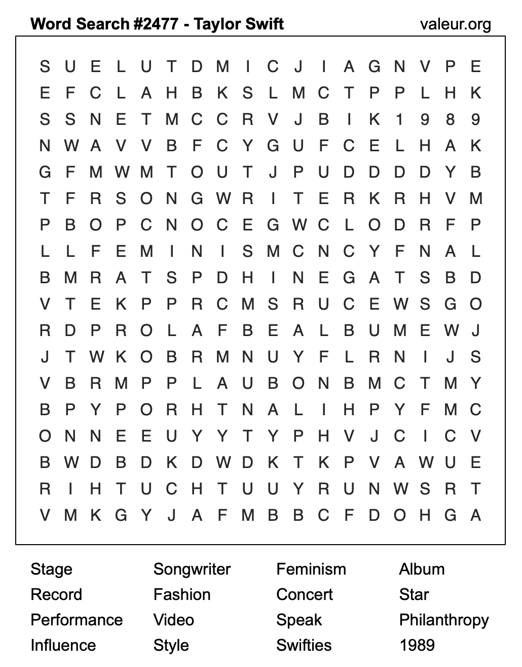 Taylor Swift Word Search Puzzle #2477