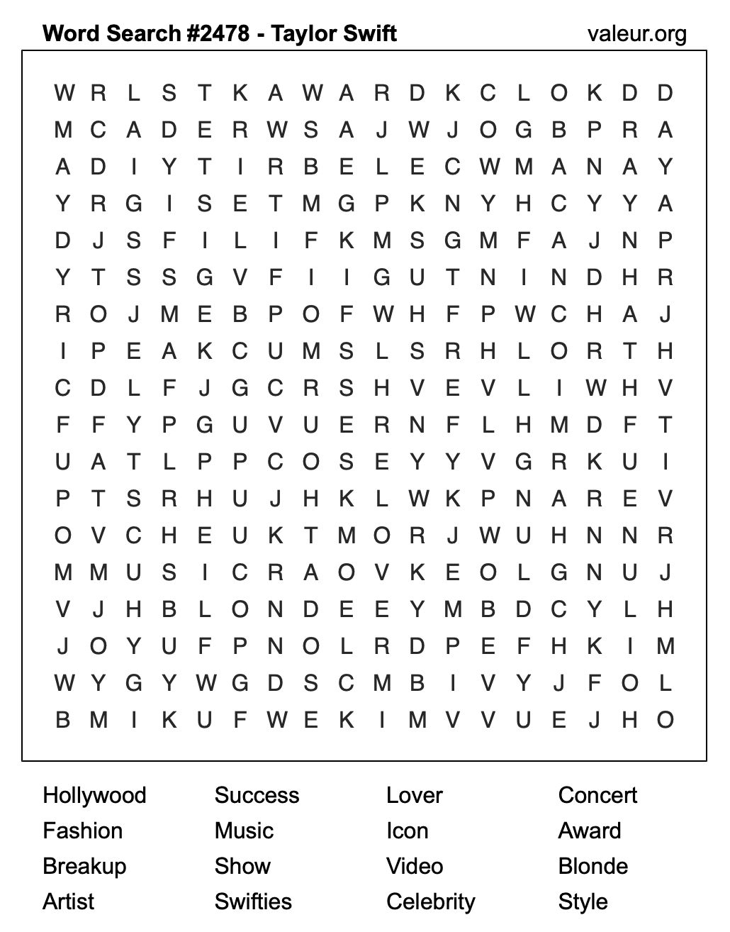 Taylor Swift Word Search Puzzle #2478