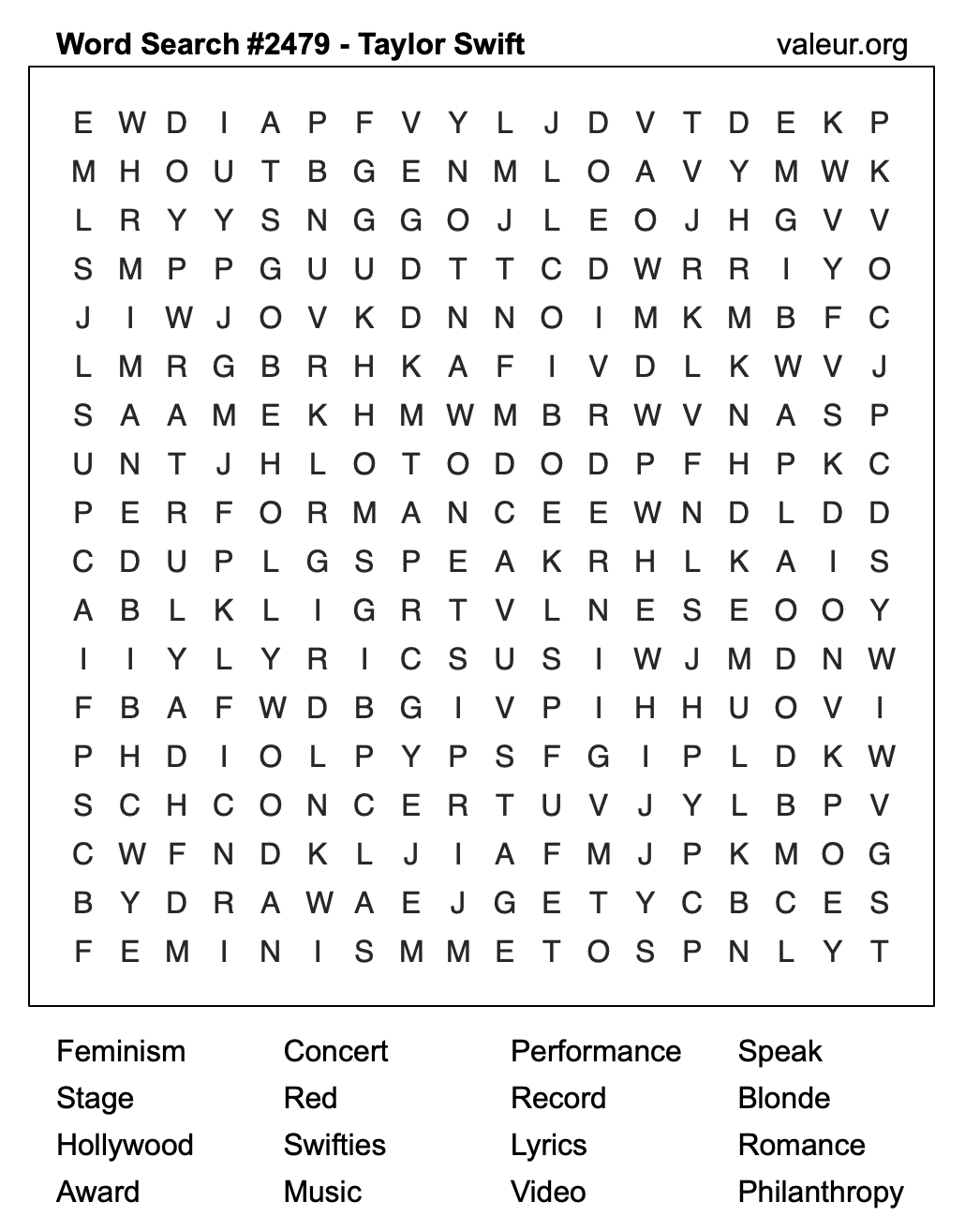 Taylor Swift Word Search Puzzle #2479