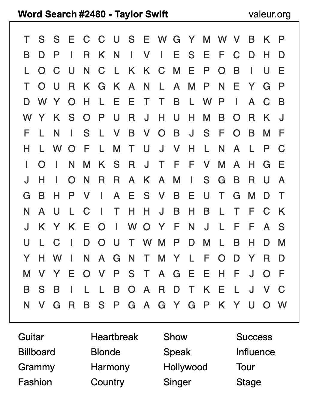 Taylor Swift Word Search Puzzle #2480