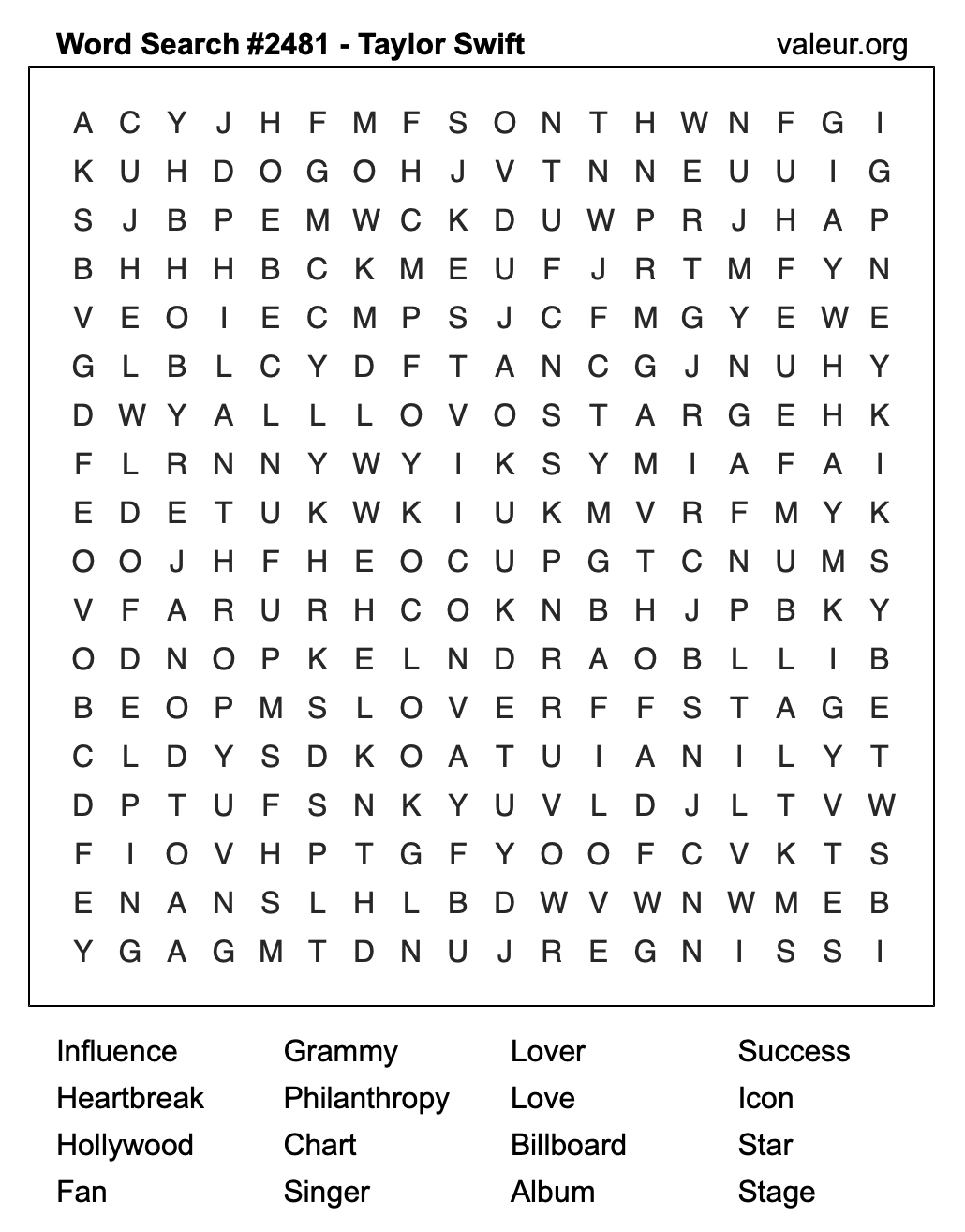 Taylor Swift Word Search Puzzle #2481